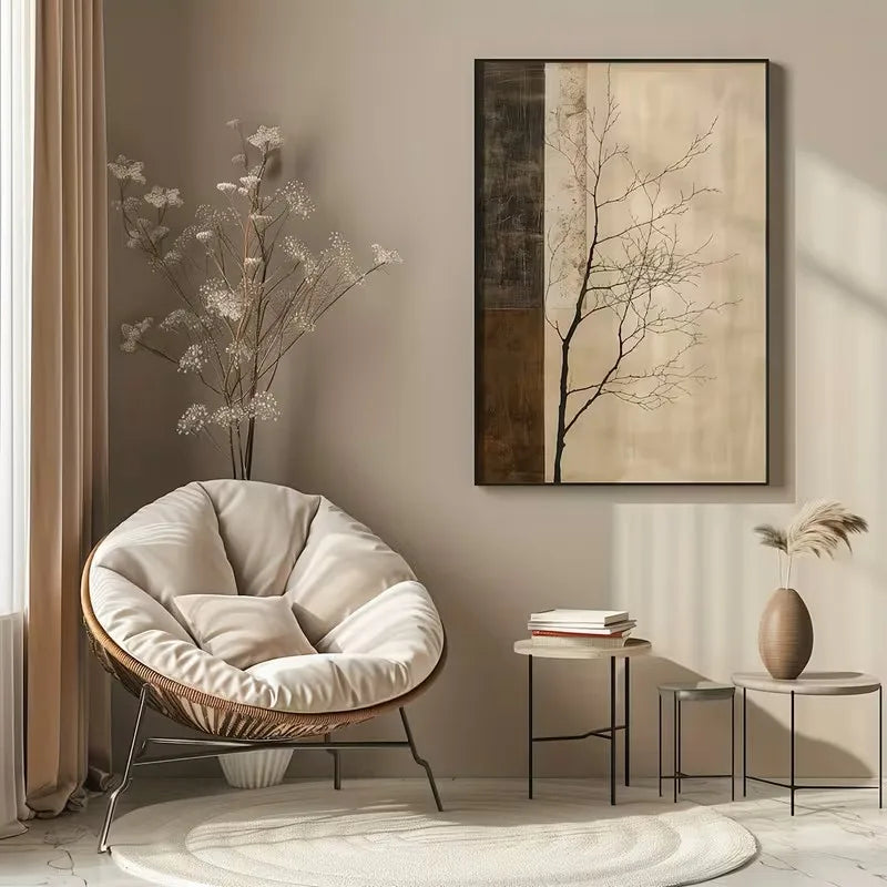 tableau abstrait moderne toile beige arbre nu fond simple sans cadre minimaliste chambre salon