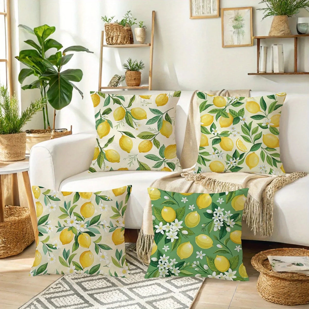 housse coussin carré moderne motif citron feuilles fleurs beige vert jaune opaques salon chambre