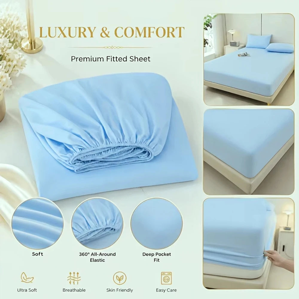 parure lit drap housse élastique soie glacée oreillers coton frais bleu clair uni