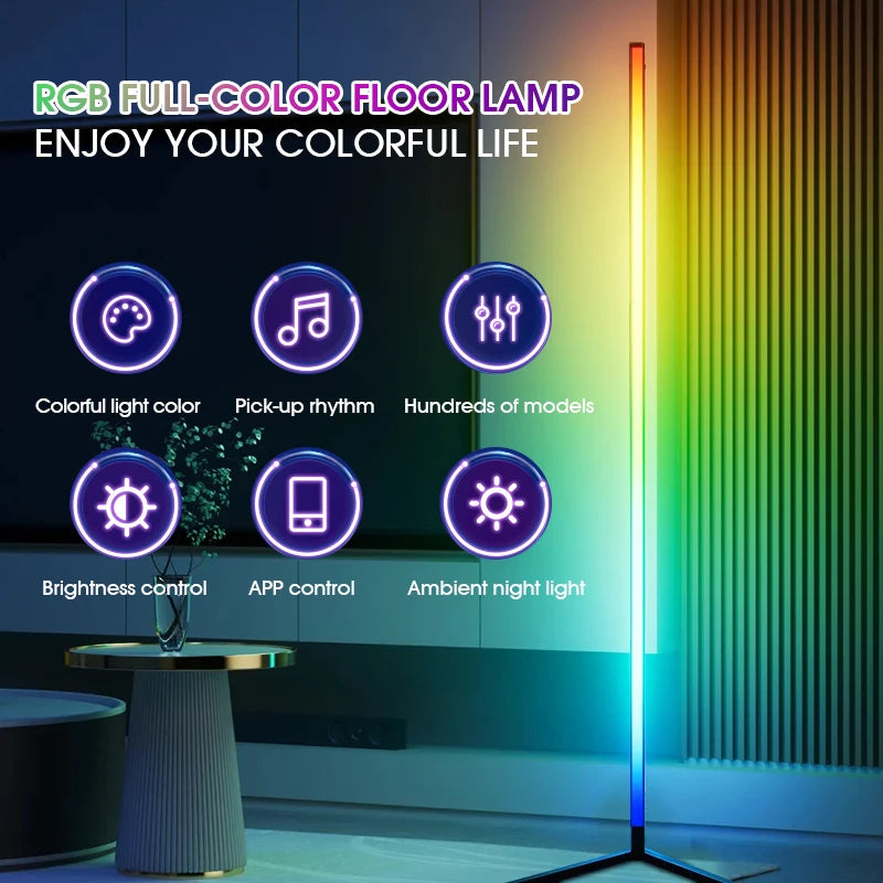 lampe sol rgb moderne multicolore télécommande application mobile pied triangle