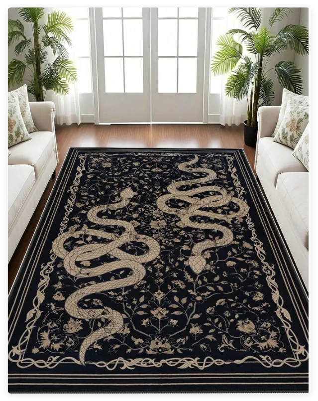 tapis noir serpent stylisé fleurs bordure ornée salon chambre décoration intérieure moderne classique