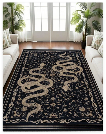 tapis noir serpent stylisé fleurs bordure ornée salon chambre décoration intérieure moderne classique