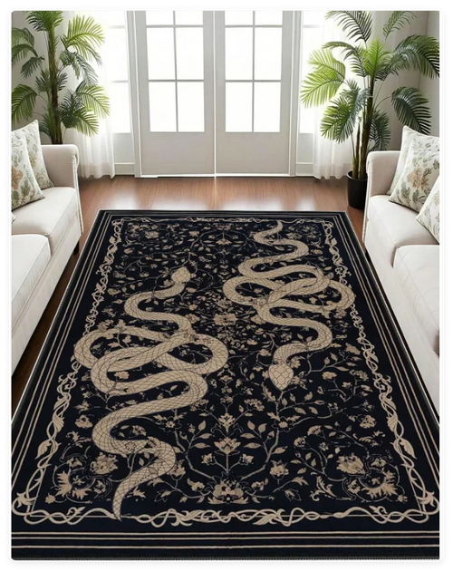tapis noir serpent stylisé fleurs bordure ornée salon chambre décoration intérieure moderne classique