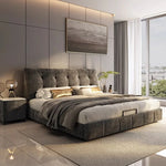 lit moderne gris foncé tête capitonnée table chevet assortie espace rangement moderne luxueux