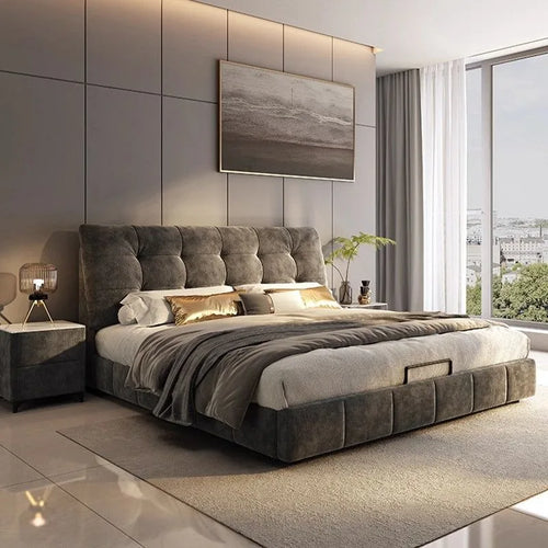 lit moderne gris foncé tête capitonnée table chevet assortie espace rangement moderne luxueux