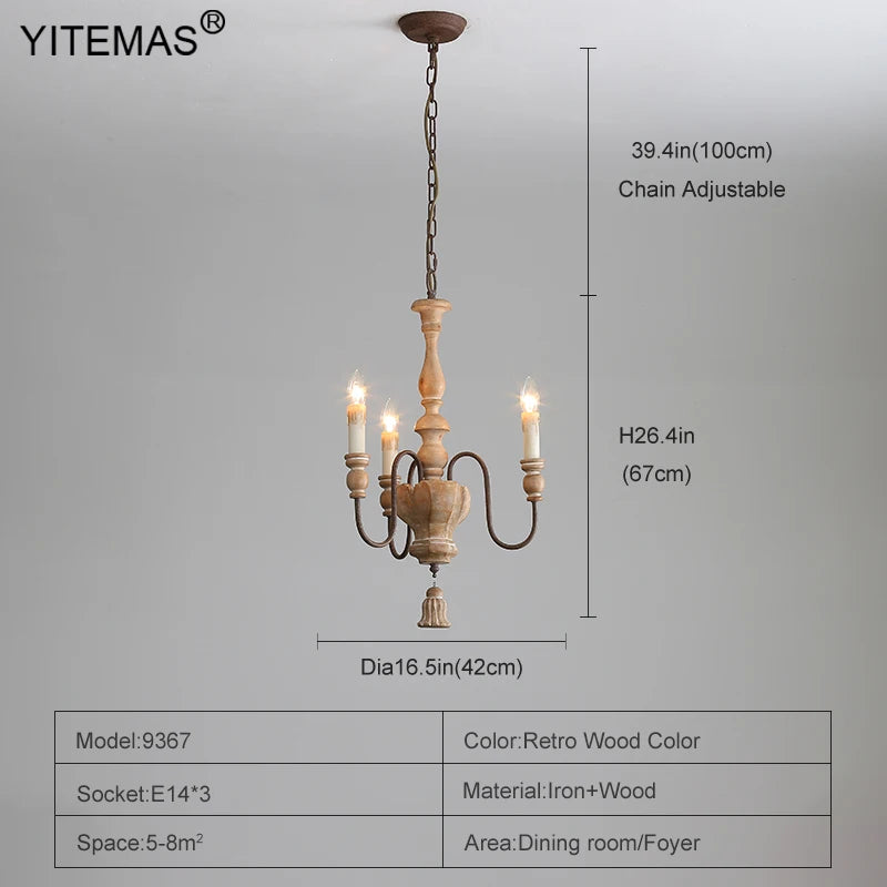 lustre vintage rustique bois naturel métal noir trois lumières suspension entrée couloir