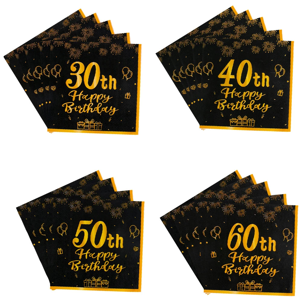 serviettes jetables anniversaire 30 40 50 60 ans noir or élégantes festives ballons cadeaux