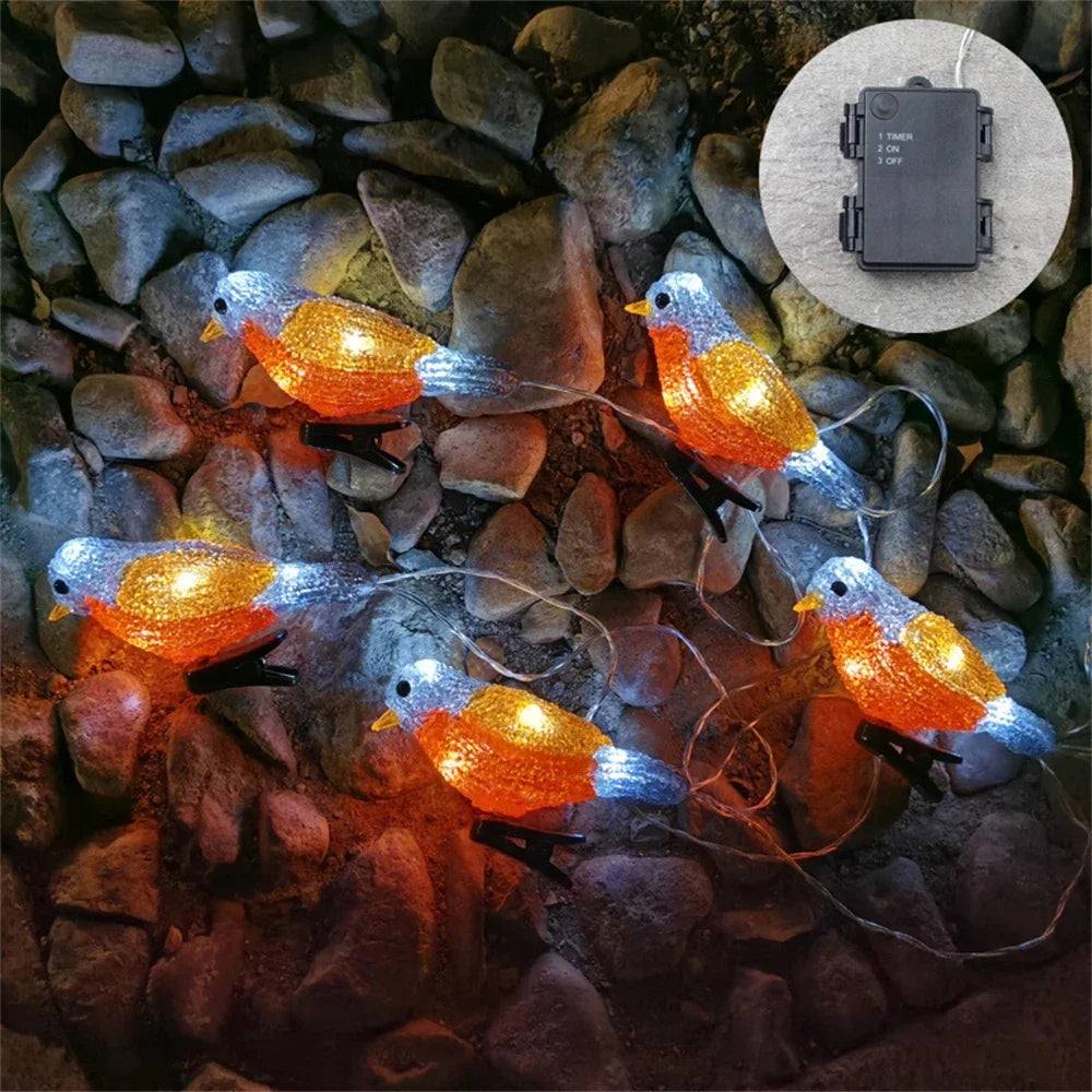 guirlande oiseaux bleu doré lumineuse clips solaire usb led jardin festive