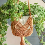Sac plante suspendu macramé boho pot blanc anneaux beiges noirsintérieurextérieur