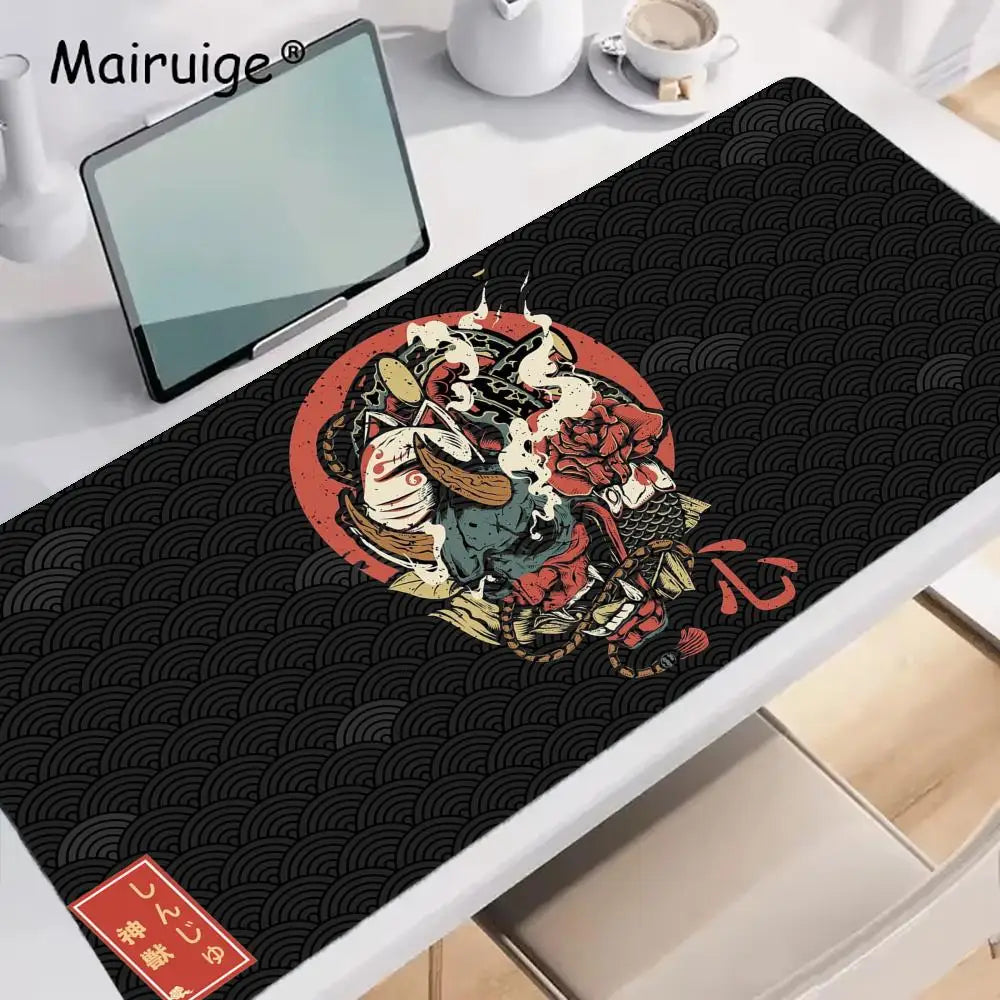 tapis souris neoprene caoutchouc noir rouge vert motif samouraï vagues fleurs traditionnel japonais gaming