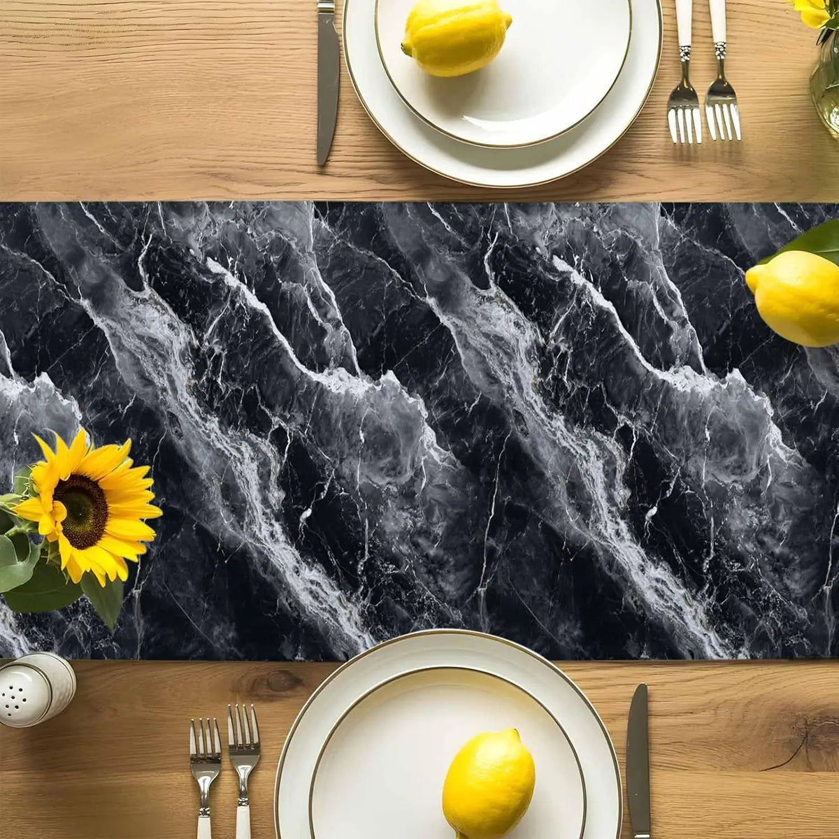 nappe runner lin imitation marbre motifs veinés moderne citrons tournesols marguerites vaisselle décorative