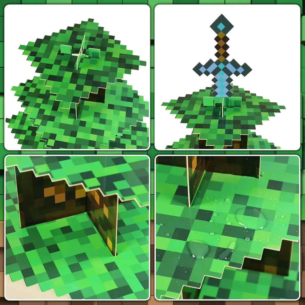 présentoir cupcakes minecraft bloc terre arbre épée vert anniversaire bannières happy birthday chapeaux festive