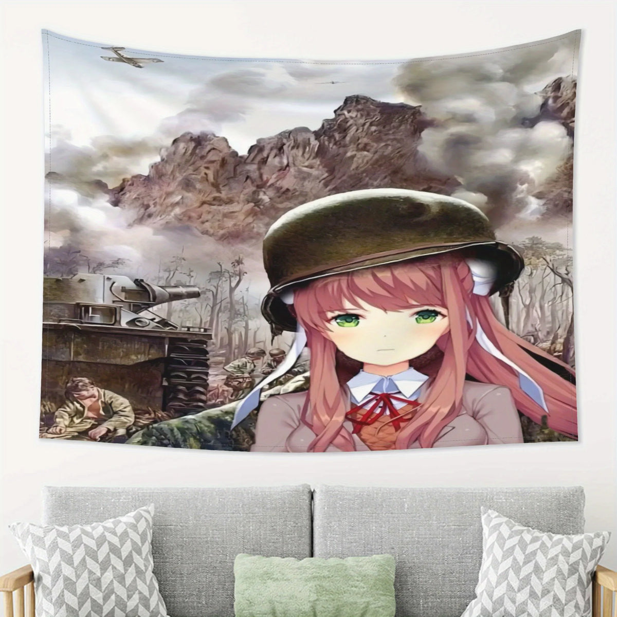 tapisserie anime illustration fille casque militaire paysage montagneux vert olive rose clair chambre salon