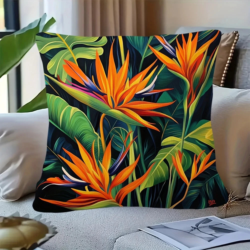 taies d'oreiller décoratives imprimées floral motifs fleurs oiseaux polyester vert clair blanc zip 45x45cm
