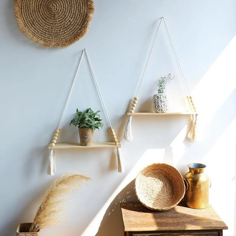 étagère suspendue boho corde tressée bois franges anneaux métal chambre salon bois naturel