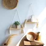 étagère suspendue boho corde tressée bois franges anneaux métal chambre salon bois naturel