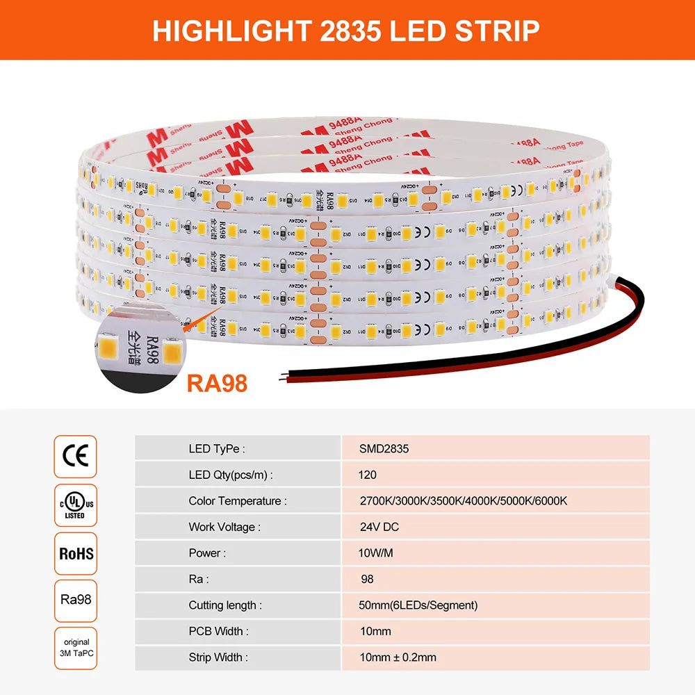 ruban led blanc smd 2835 2700k 3000k 3500k 4000k 5000k 6000k 12v 24v 120leds/m