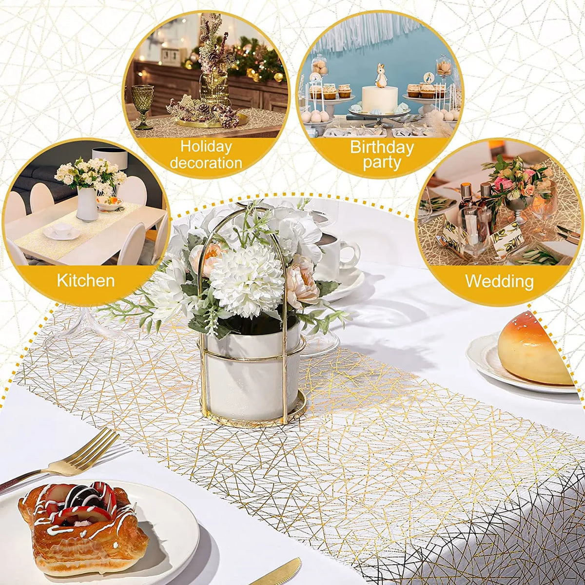 nappe décorative dorée semi transparente motif géométrique festive largeur 28cm longueur 500cm table fête
