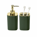 distributeur savon liquide porte brosses dents rayures verticales blanc beige vert foncé moderne élégant