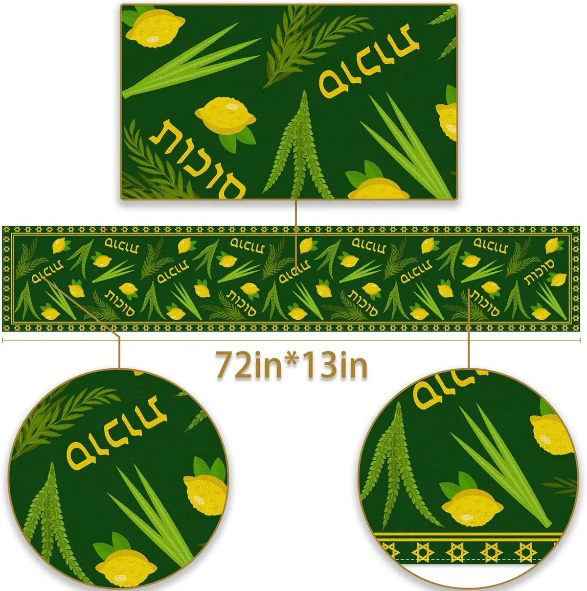 tableau chemin table lin motif citron feuille étoile hébreu graphique traditionnel vert foncé jaune