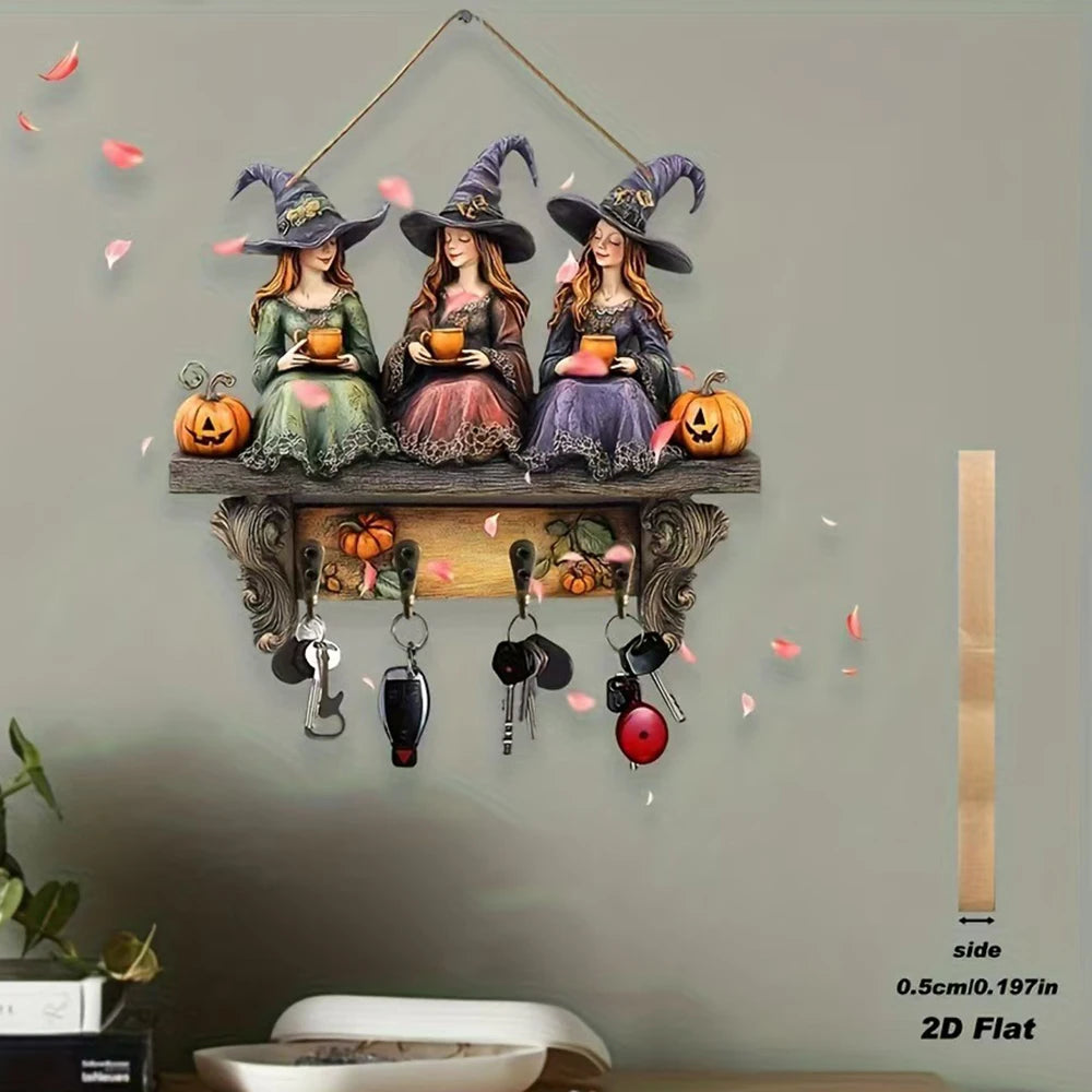 étagère murale décorative sorcières motifs automne couleurs vives halloween clés