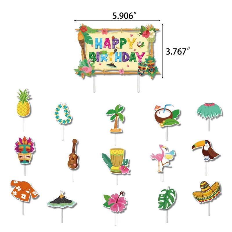 guirlande happy birthday tropicale flamants ananas feuilles palmier hibiscus ukulélé tiki vert rose orangé