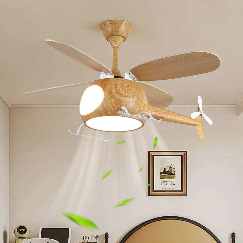 ventilateur intelligent enfants bois lumières led hélicoptère moderne télécommande