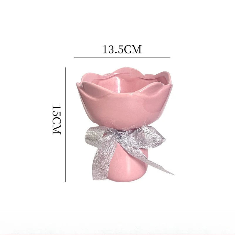 vase céramique moderne rouge vert rose décoratif ruban fleurs artificielles