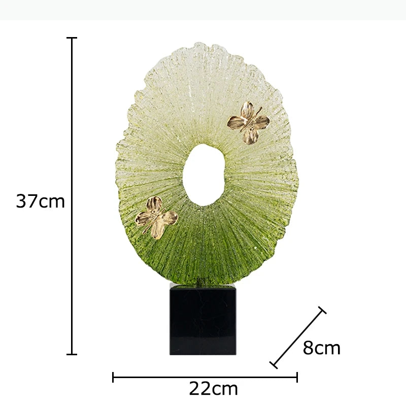 sculpture décorative moderne papillon vert doré motifs floraux contemporaine élégante base noire
