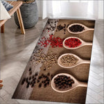 tapis cuisine marron beige blanc motif cuillères grains épices moderne sol polyester pvc