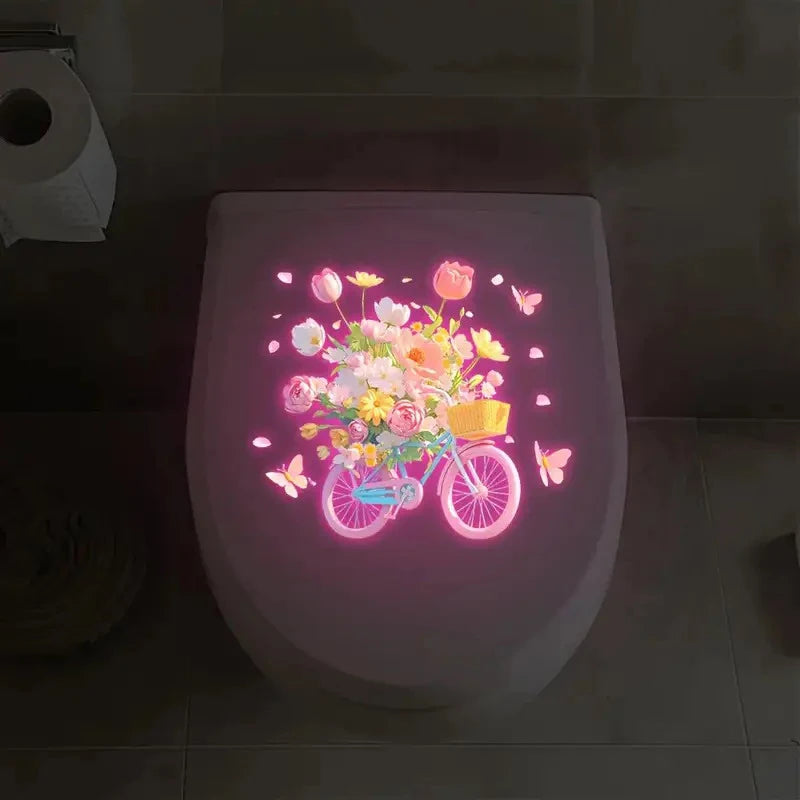 stickers decoratifs toilette fleurs lotus dahlias papillons velo moderne lumineux adhesifs rose bleu blanc