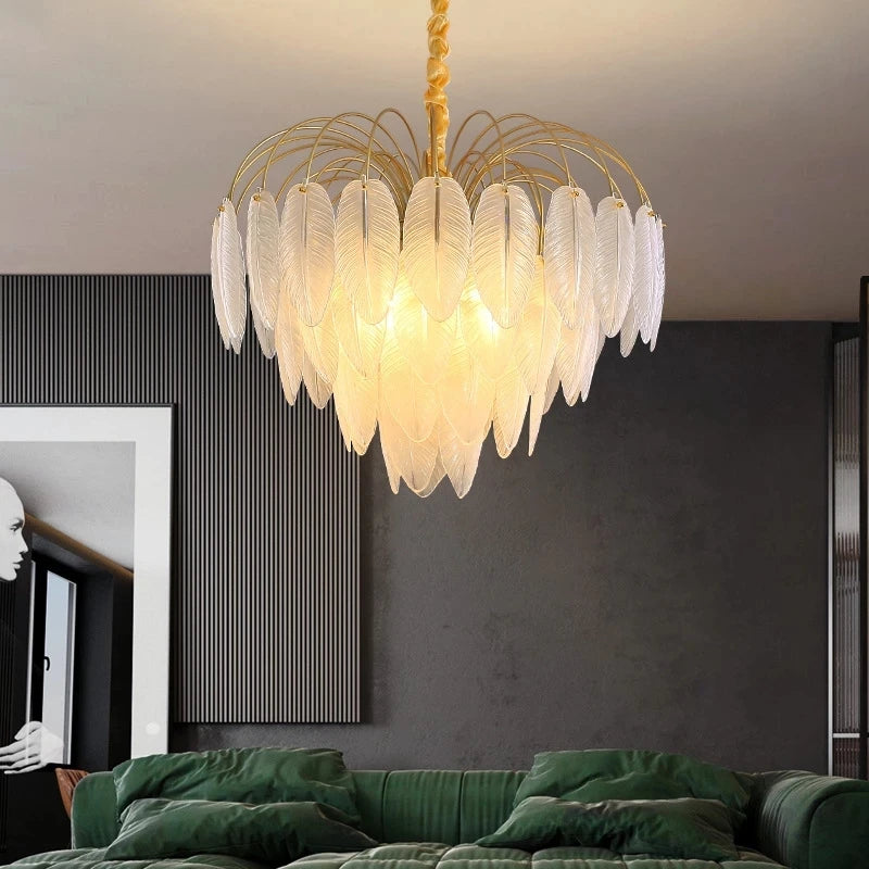 lampe suspendue moderne feuilles doré blanc translucide éclairage intérieur élégant semi encastrée