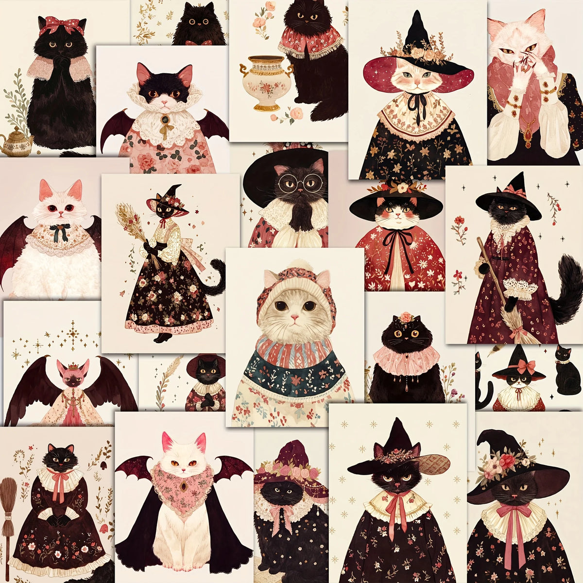 autocollants chats ours costumés illustrations floraux dessin animé vintage noir blanc rose marron vert