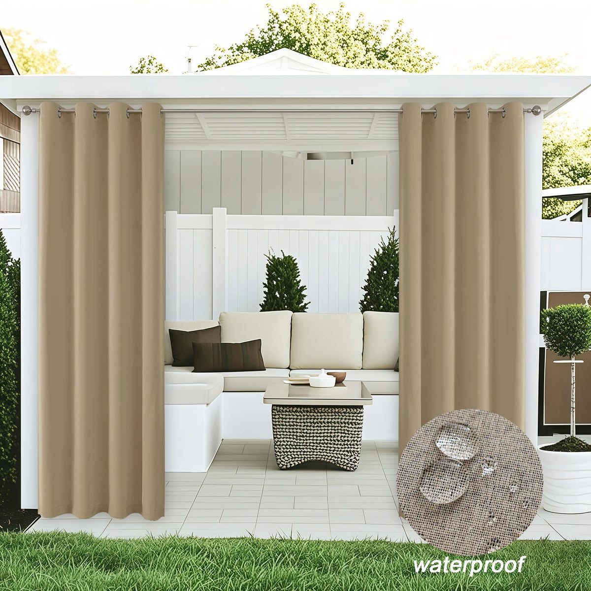 rideau moderne polyester opaque motif toile lin beige clair extérieur intérieur 100% waterproof