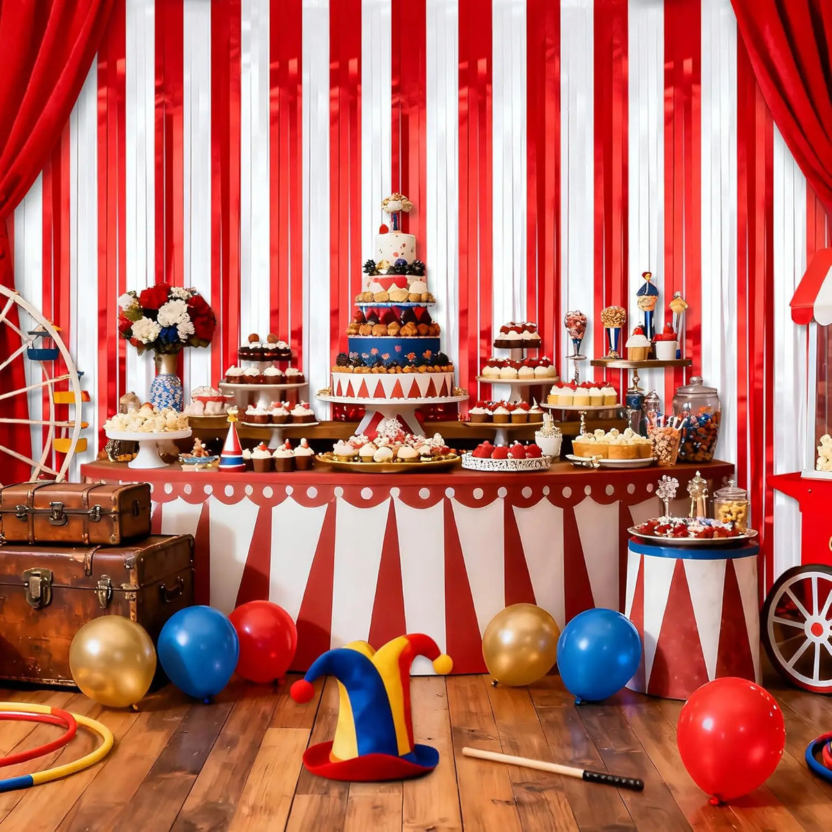 rideaux franges métalliques rouge blanc motif rayures décoration cirque fête anniversaire mariage événement