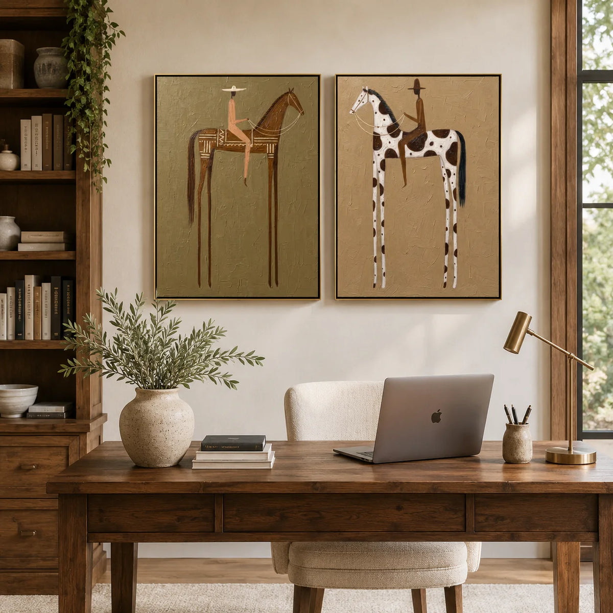 tableau moderne minimaliste chevaux stylisés motifs géométriques couleur marron beige noir blanc toile sans