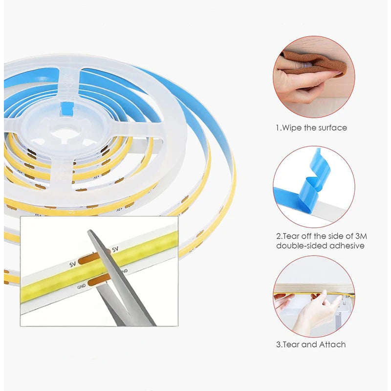 ruban led cob blanc flexible adhésif interrupteur on off lisse haute densité 50000h
