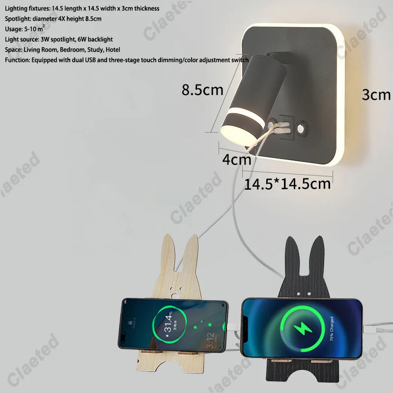 lampe murale moderne noire blanche dorée prise usb charge smartphone interrupteur éclairage chambre cuisine