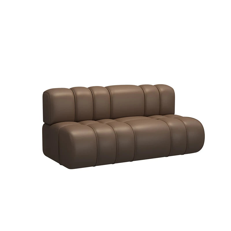 canapé modulable marron clair cuir moderne table noire tabourets noirs meuble salon minimaliste