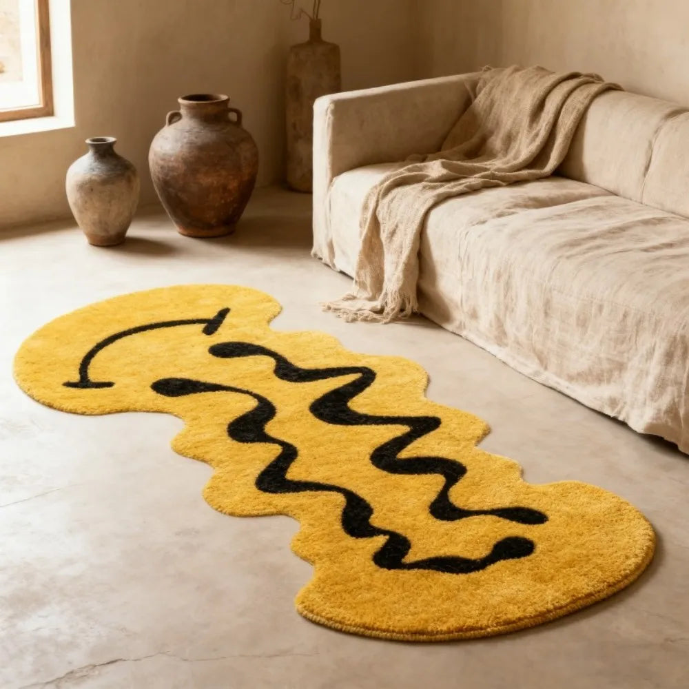 tapis jaune noir visage souriant moderne laine épaisse antidérapant résistant intérieur extérieur plage