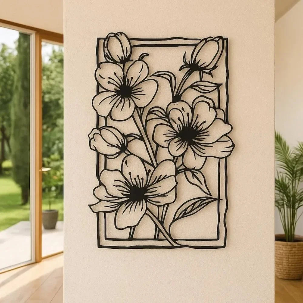 décoration murale plaque noire blanche fleurs stylisées art deco moderne minimaliste suspension tringle fixe