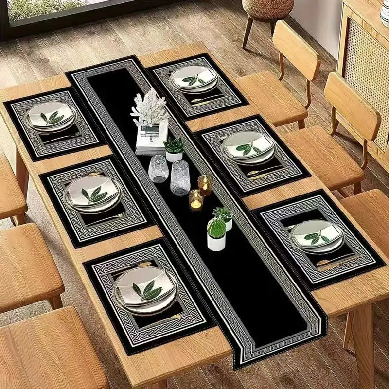 sets table géométriques noirs blancs moderne nappe table runner élégant motifs grecs imperméable résistantextérieur