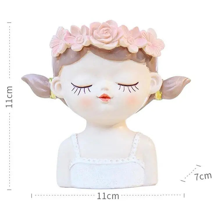 figurines décoratives cartoon fleurs reliefs cheveux stylisés plante succulente verte rose beige