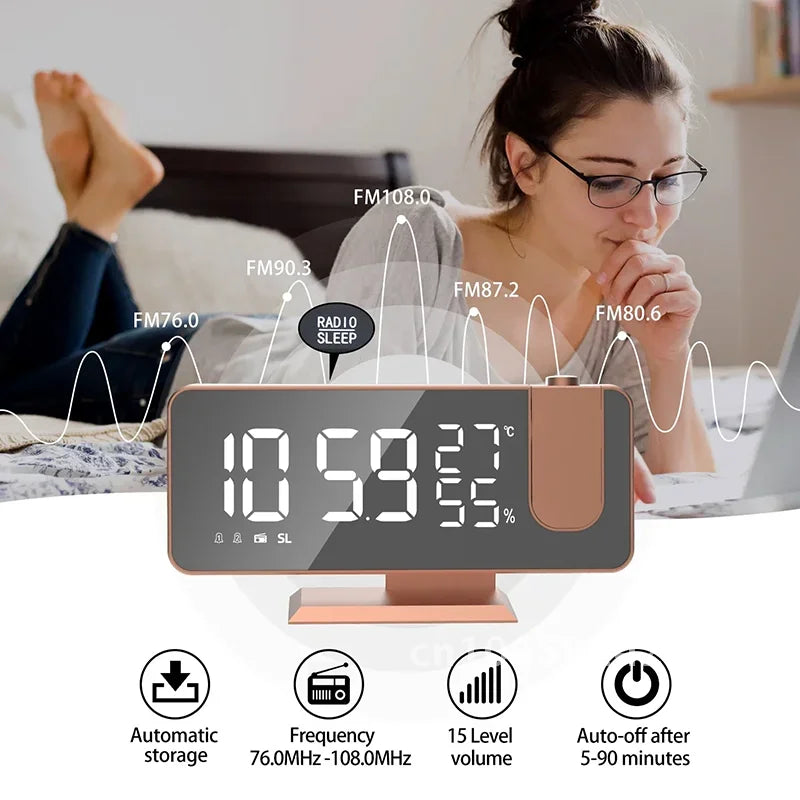 horloge multifonctionnelle or rose moderne radio double alarme projection