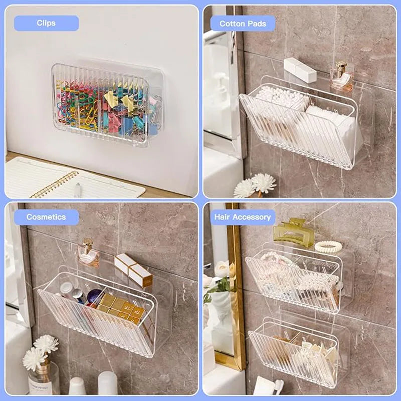 rangement mural transparent compartiments boîtes stockage moderne adhésif cotons tiges coton pads épingles cheveux