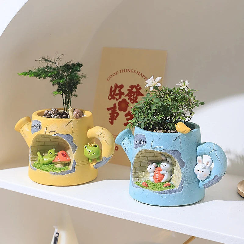 pots fleurs décoratifs bouilloire jaune bleu effet craquelé figurines animaux drainage miniature