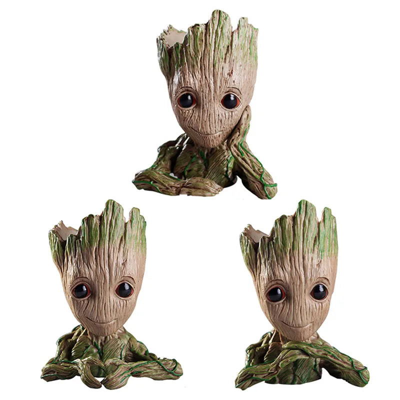 cache pot créatif marron vert texture bois personnage groot fleur intérieur décoration maison artisanat