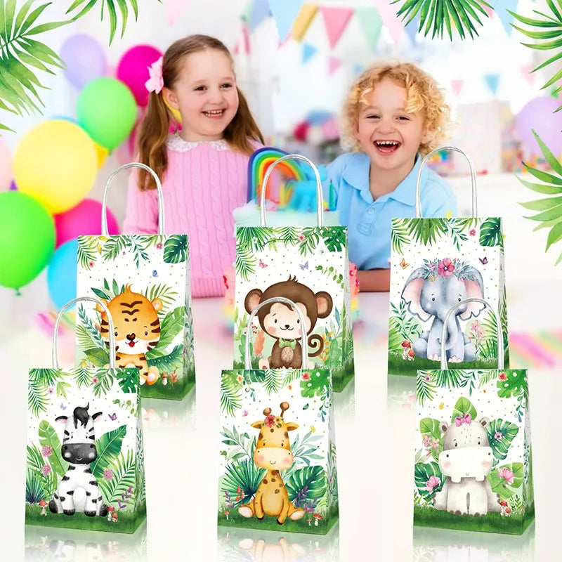 sacs cadeau anniversaire enfant animaux jungle tigre singe éléphant zèbre aquarelle adorable blanc vert