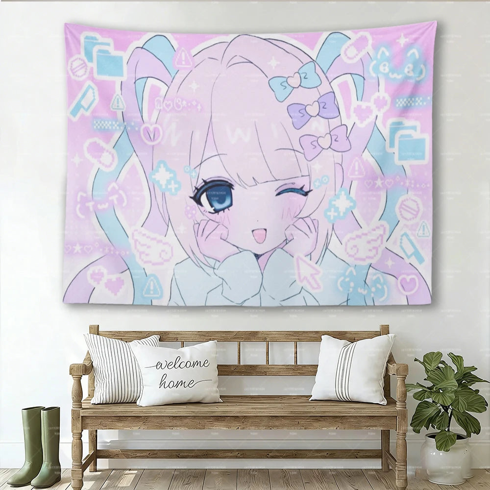 tapisserie anime fille rose bleu claire dessin animé douce chambre décoration murale opacité 150cm