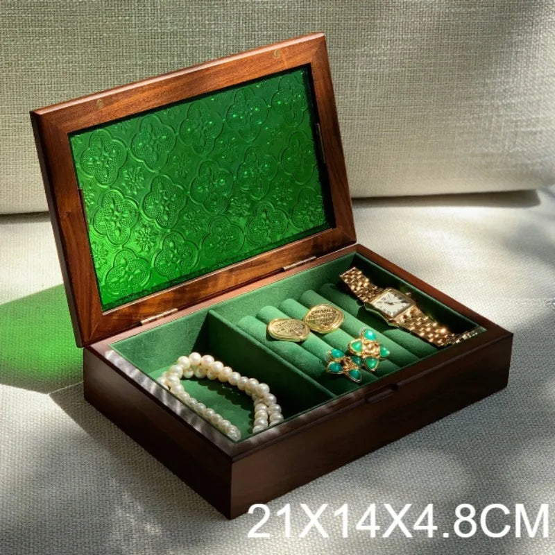 boîte bijoux bois vert vitre opaque motif floral poignée classique porte bijoux